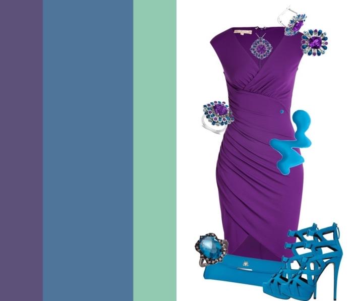 barvna kombinacija, ženska obleka v vijolični obleki z modrimi petami in torbico