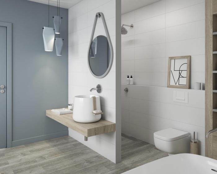 beyaz banyo karoları, banyoda gri gölge duvar boyası, beyaz ve ahşapta modern iç mekan fikri