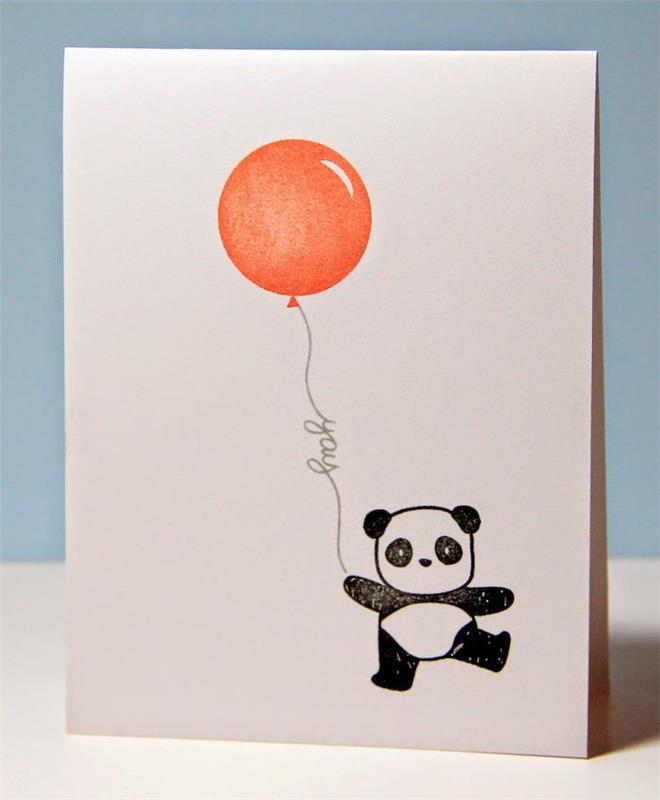 Panda in čudovit balon, narišite voščilnico za rojstni dan, smešno podobo za rojstni dan, črno -belo risbo