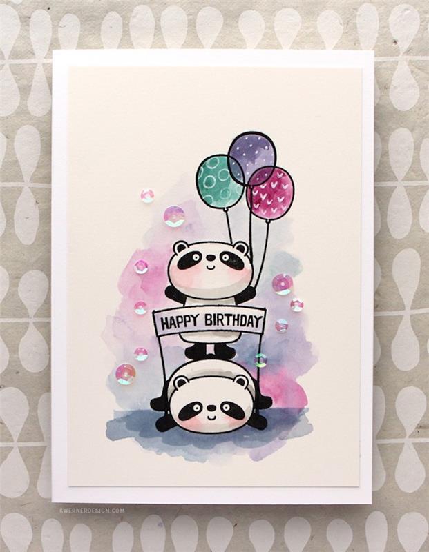 Očarljiva ideja o čestitki z medvedki pandami in baloni, kul risba na akvarelni podlagi in detajli iz črnega filca, barvanje rojstnodnevne torte