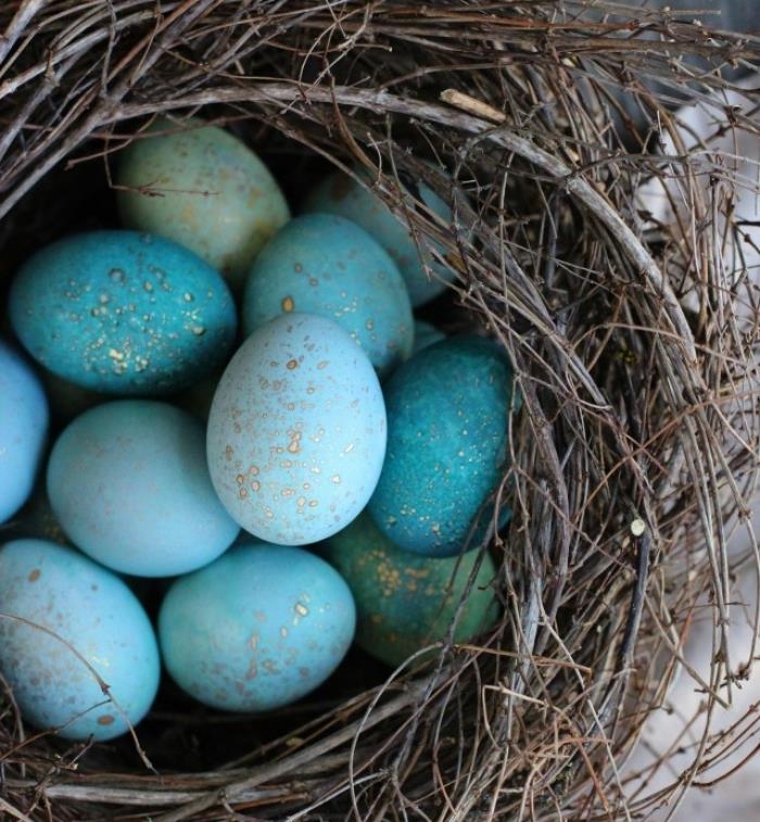 „pasidaryk pats“ Velykų mazgo pavyzdys su šakomis ir kiaušiniais, nuspalvintais mėlyna ir žalia spalvomis su auksiniais atspindžiais