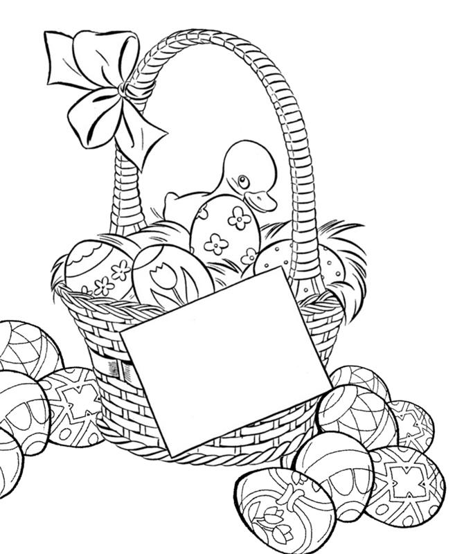 Pavasario dažymo puslapiai, kuriuos lengva atspausdinti, pavyzdys, kaip lengvai piešti prie Velykų krepšelio ir kiaušinių