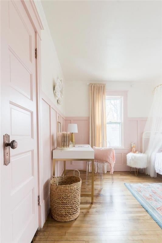 küçük bir kızın yatak odası, laminant ahşap zeminler ve beyaz tavan ile pembe ve gri yatak odası tasarımı nasıl dekore edilir