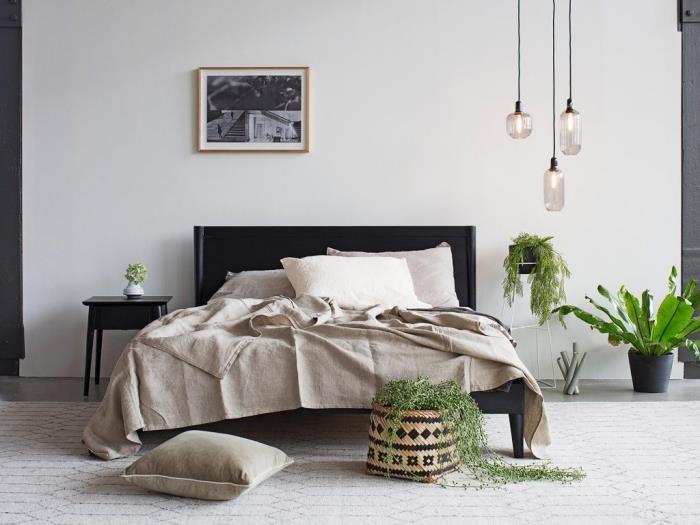 minimalistično in moderno notranje oblikovanje v boemskem slogu z rastlinami, deko spalnice z belimi stenami