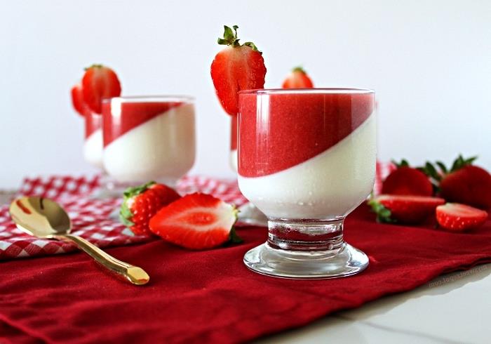 greitas ir lengvas desertas be kepimo, vanilės ir braškių panna cotta stiklinėje, aviečių ir vanilės panna cotta verrine
