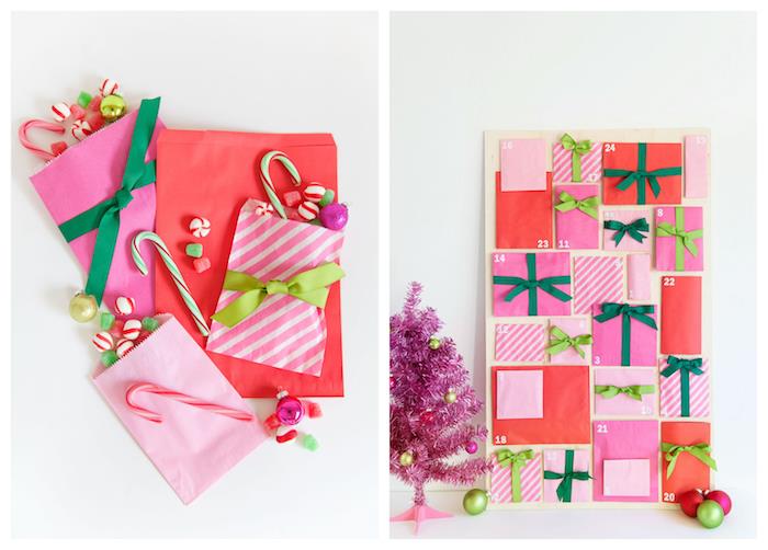 medinė plokštė su vokais rausvos, raudonos ir žalios spalvos juostelėmis, skirtomis gardumynams ir saldainiams, Advento kalendorius, mini rožinė Kalėdų eglutė