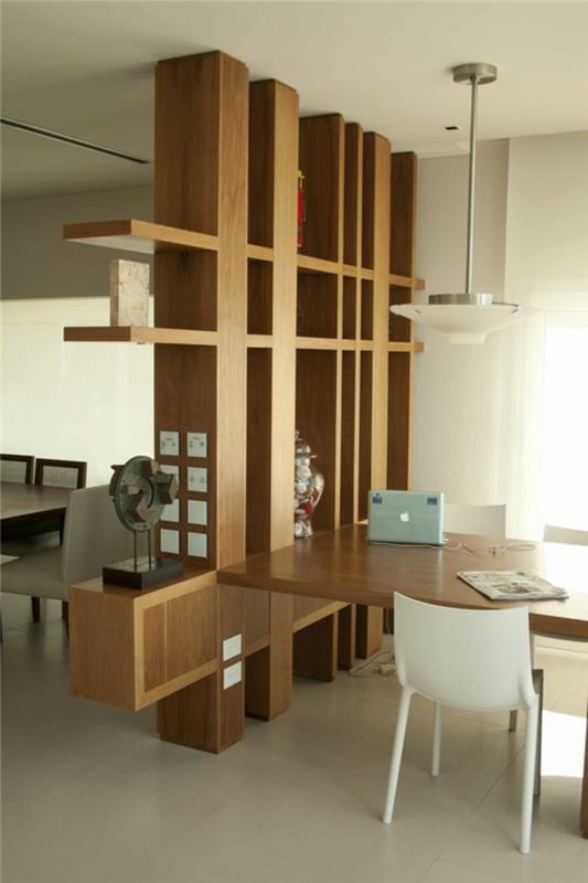 PVC lesena pregrada za dnevno sobo, police v obliki grafičnih vzorcev, domači delovni kotiček, bež ploščice