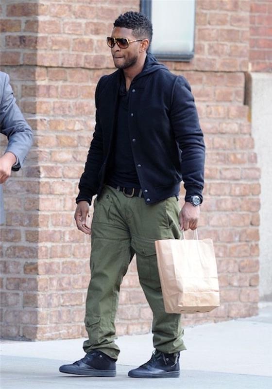 Usher stiliaus didelės chaki spalvos krovininės kelnės vyrams