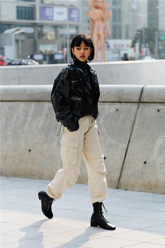smėlio spalvos kelnės kišenėje skystos apatinės uolos kulkšnies batai gatvės stiliaus moteriški juodi odiniai striukės megztiniai auskarai