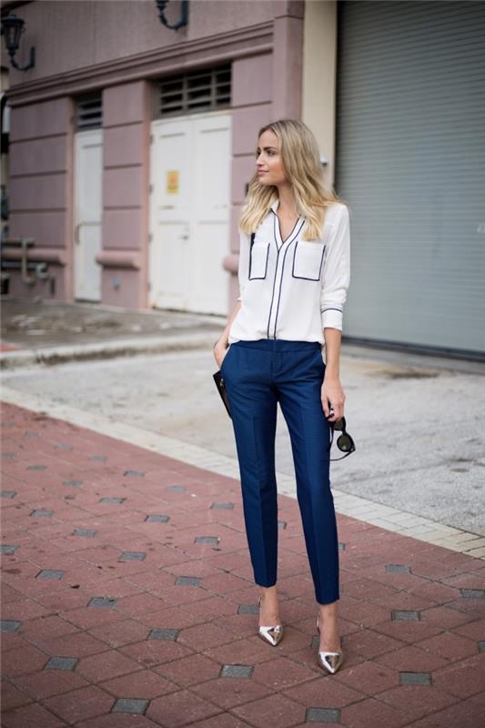 odlična ideja za profesionalno obleko v casual elegantnem slogu s temno modrimi hlačami in belo srajco