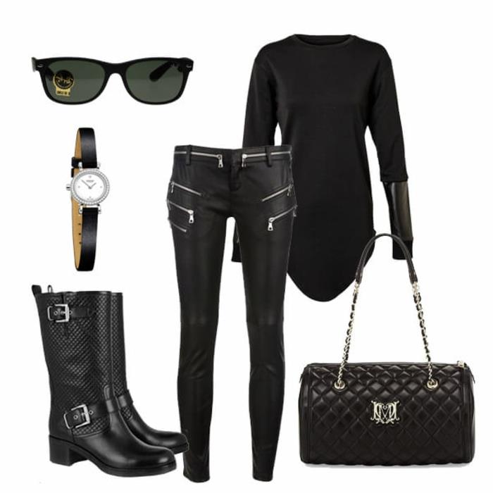 siyah pantolon, siyah çanta, güneş gözlüğü, kristalli siyah saat ile ne giyilir