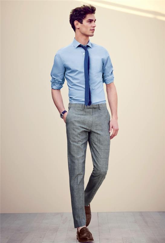 kokios spalvos drabužiai, skirti profesionaliai išvaizdai, idėja laisvalaikio verslo aprangai vyrams pilka ir mėlyna