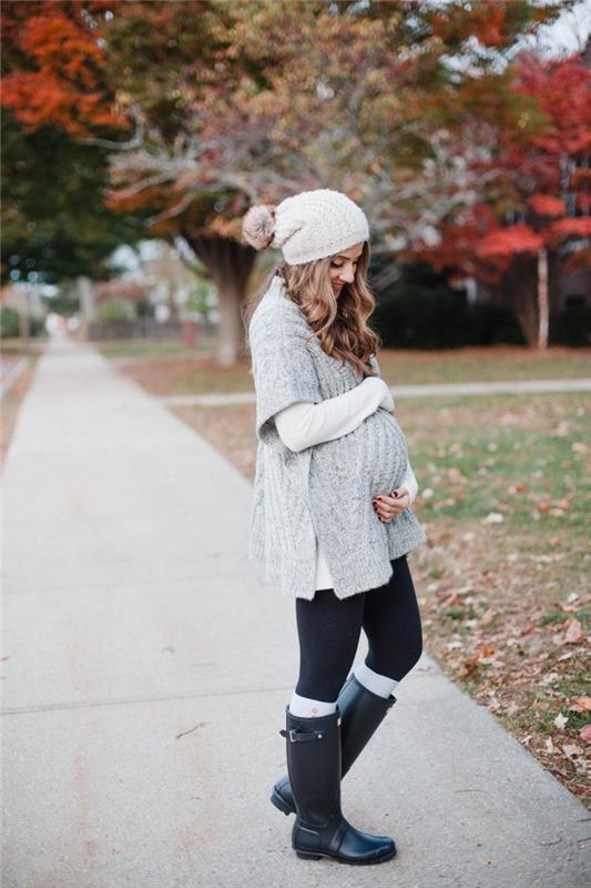 patogios nėščios moters drabužių idėja šviesiai pilkos spalvos pončo, nėščios moters apranga - antblauzdžiai ir laisva palaidinė