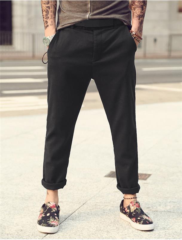 moške poletne hlače v črno -lanenem chino stilu z dvignjenimi gležnji