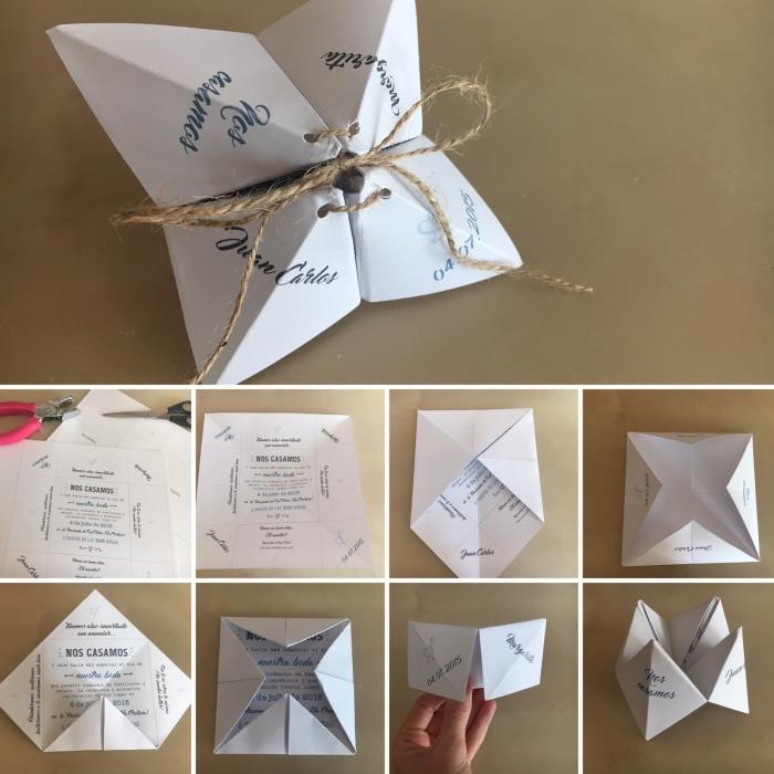 derliaus origami tematikos vestuvių raštinės reikmenys, mielas senovinis lino virvelių troškinys vestuvėms