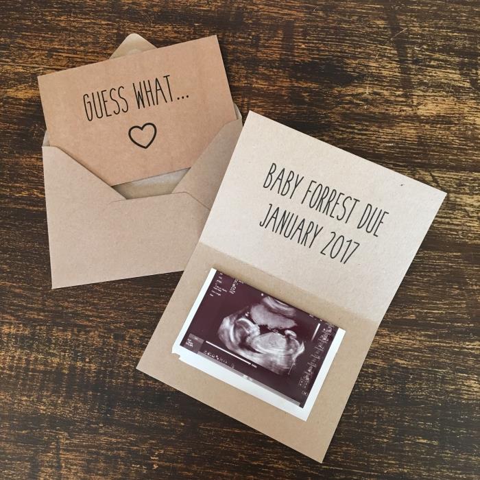 örnek el yapımı hamilelik duyuru kartı, fotoğraflı doğum duyurusu fikri, orijinal duyuru şablonu