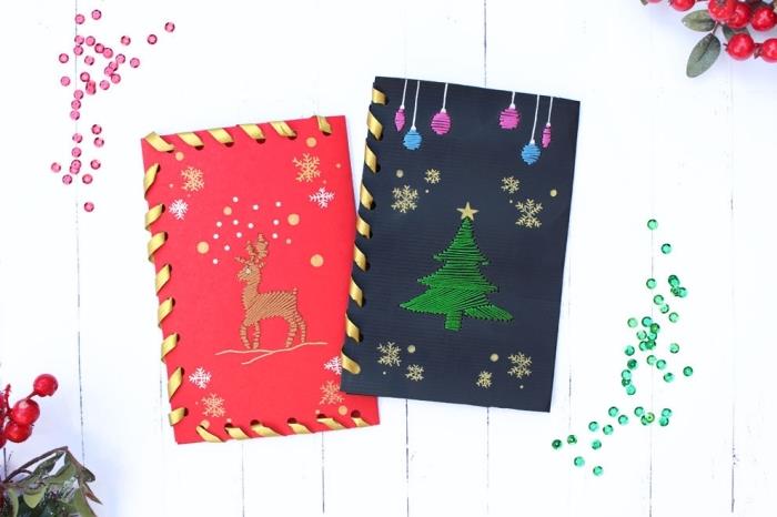 Noel için güzel bir DIY kartpostal örneği, işlemeli figürler ve altın şerit kenarlıklı renkli kağıttan Noel tebrik kartı