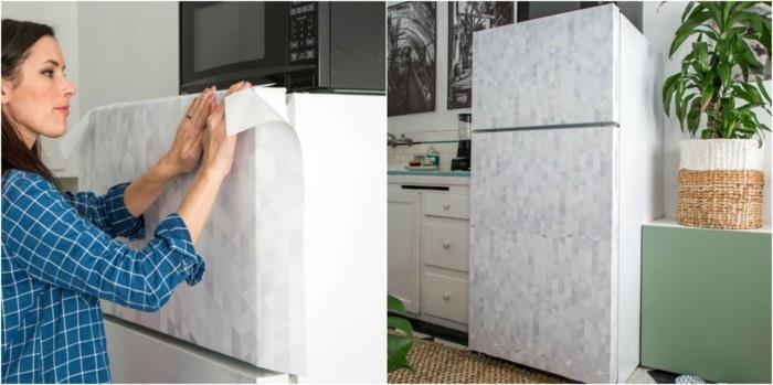 lipnūs tapetai šaldytuvui atnaujinti, idėja, kaip už mažesnę kainą atnaujinti savo virtuvę