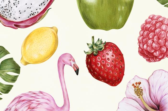 dekor flaminga, ozadje flaminga s tropskim sadjem, vzorec tropskega listja, kisle barve, eksotični dekor