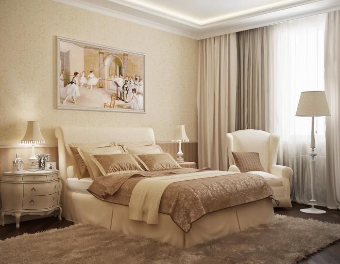 bej kabarık halı ve bej renkli duvar kağıdı ile lüks retro tasarım yatak odası, beyaz zemin lambası modeli