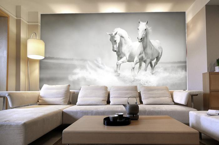 duvar kağıdı-beyaz-3d-beyaz-atlar-çağdaş-oturma odası