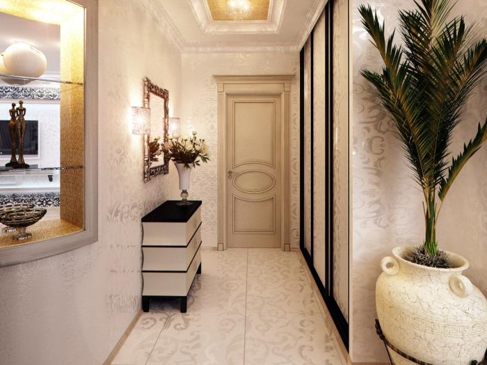 dekoratif alçı tavan ve beyaz ve siyah mobilyalar ile beyaz ve gümüş duvar kağıdı koridorun duvar kaplaması