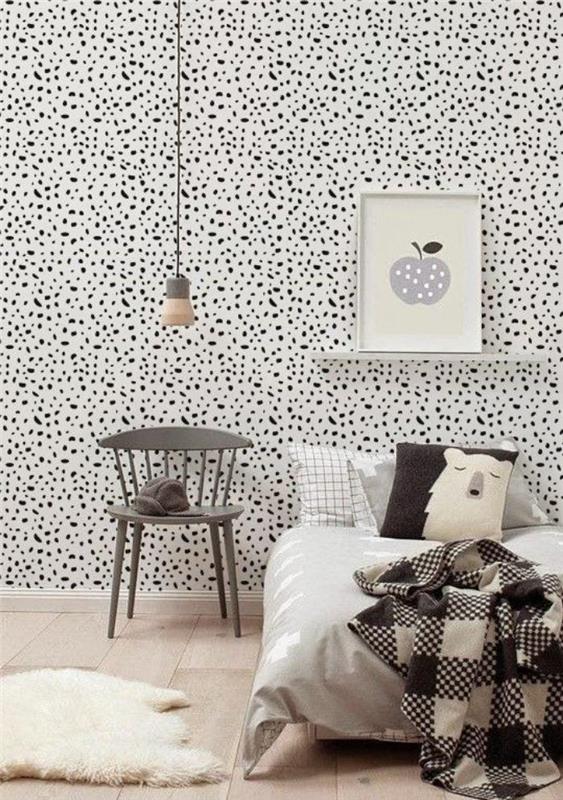 beyaz noktalı duvar kağıdı-yatak odası-iskandinav tarzı