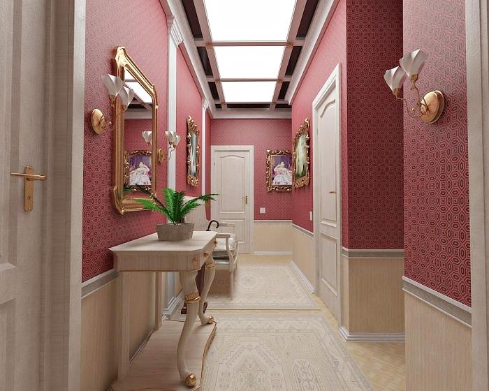 açık renkli ahşap mobilyalar ve altın kaplamalı nesneler ile kırmızı ve bej koridor, pencereli bir tavan örneği