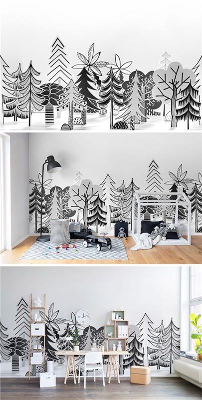 çocuk İskandinav tarzı duvar kağıdı, beyaz arka planda siyah siluetlerde ağaçlar olan orman, ahşap kabin yatağı, İskandinav ahşap masa