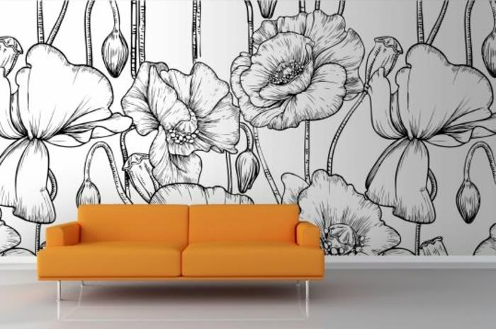 črno-bele-tapete-leroy-merlin-ozadje-v-moderni-dnevni sobi-z oranžnim kavčem