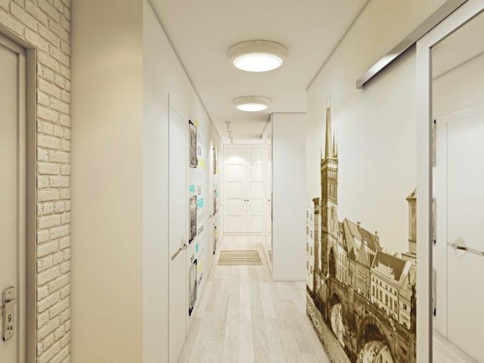 duvar kağıdı taklit beyaz tuğla ve trompe l'oeil kağıt bir bölümü ile koridor için duvar dekorasyon modeli