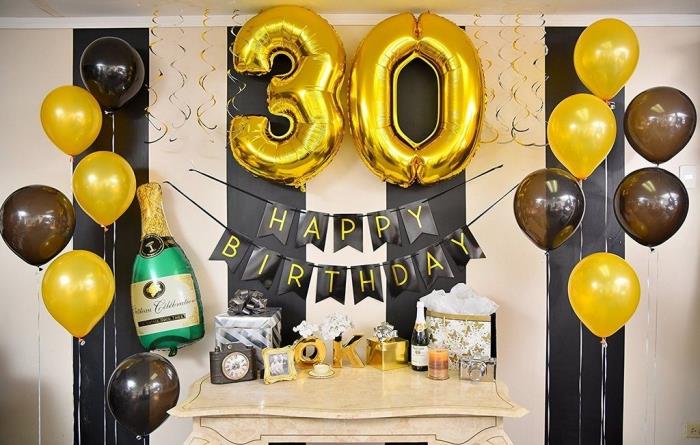 juoda ir auksinė gimtadienio puošmena vakarėliui namuose, šventinis kampelis su helio balionais ir balionu auksiniais skaičiais