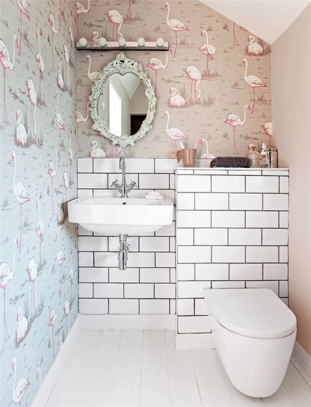 vonios kambario dizainas su balta kriaukle ir dubeniu, atogrąžų stiliaus vonios kambario dekoras su vandeniui atspariais tapetais