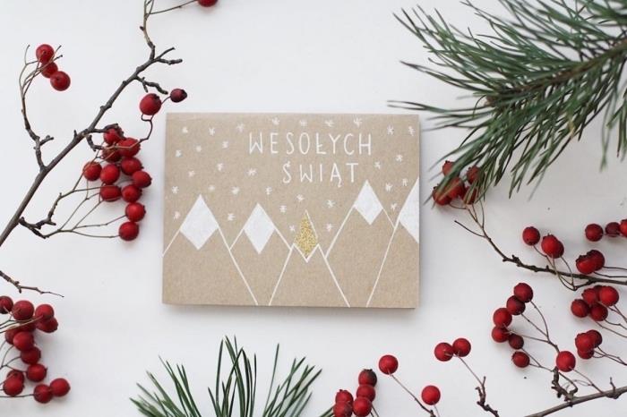 minimalist tasarım tebrik kartı şablonu, İskandinav Noel desenleriyle beyaz boyayla süslenmiş kahverengi kraft kağıdı örneği