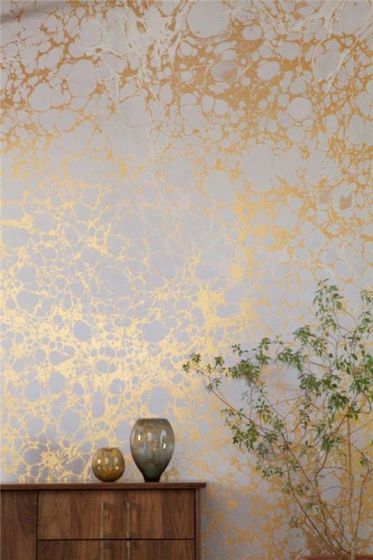 gildijos dizaino tapetai-siena-balta-aukso-gana-žalia-augalų-sienų apdaila
