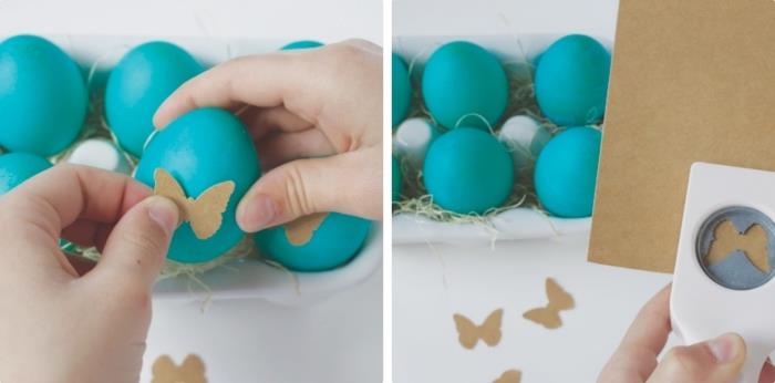 kaip papuošti Velykų kiaušinius 3D efekto kartoniniais drugeliais, turkio atspalvio valgomaisiais dažais