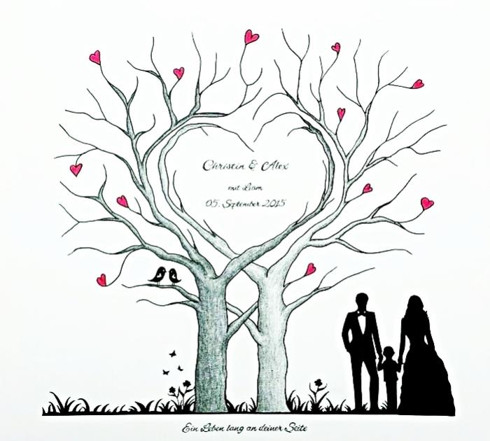 scrapbooking ideja s plakatom za ljubeč par, ki riše v drevesni obliki z vejami v obliki srca