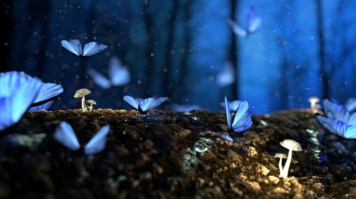 gražiausi tapetai, skaitmeninis vaizdas su skraidančiais mėlynos spalvos drugeliais, kurie naktį apšviečia mišką