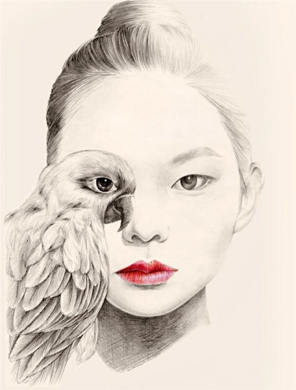 Ritratto di una donna, disegno viso donna, disegno di un pappagallo