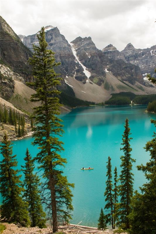 Kanada Moraine ežeras nuostabus kraštovaizdis, gražiausios Amerikos vietos nuotraukose