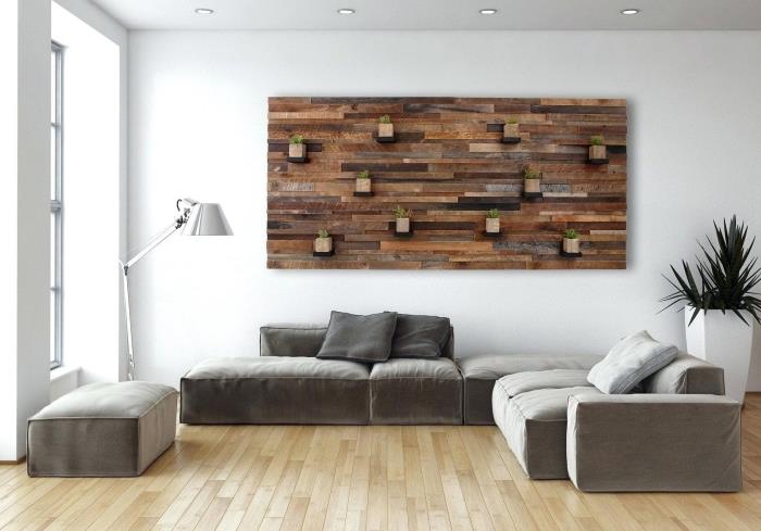 idėja, kaip dekoruoti baltą kambario sieną medine sienų danga, pavyzdžiui, įvairių spalvų medžio dailylentės