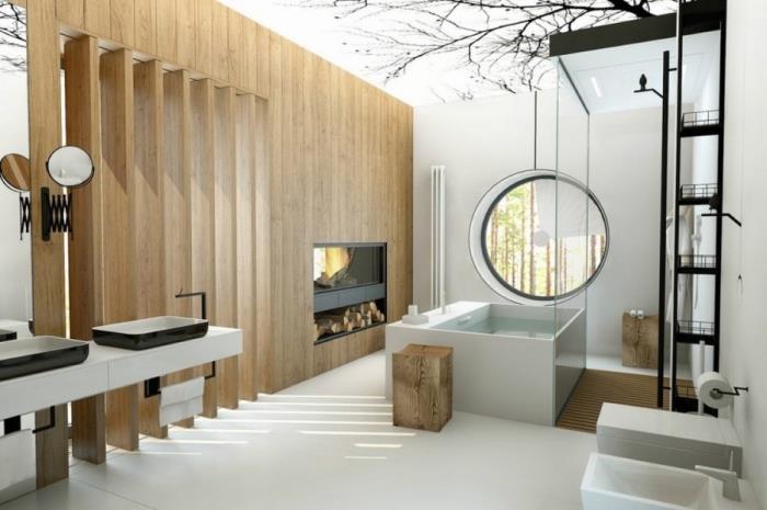 Zen kopalniška atmosfera s stropno dekoracijo z drevesnimi vzorci, stena z lesenimi stebri in mat črnim kaminom