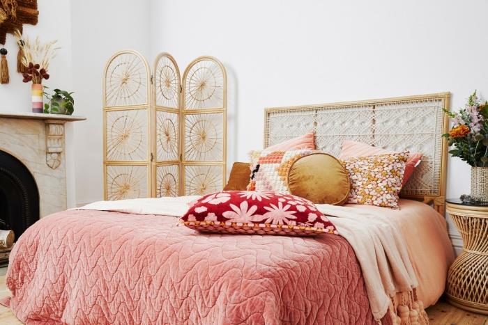 rattan duvar şömine mermer dekorasyon yatak odası bohem etnik desenler dekoratif yastık asılı makrome başlık rattan
