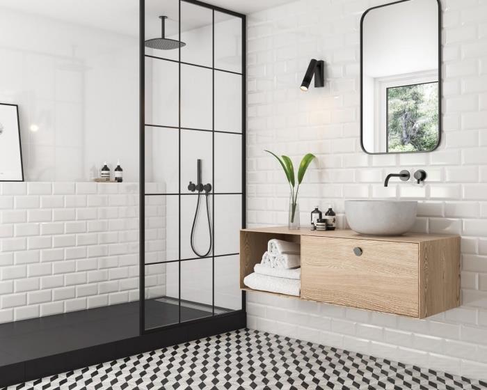 beyaz tuğla tasarım banyo fayansı, ahşap banyo dolabı, beyaz ve siyah modern oda dekor fikri