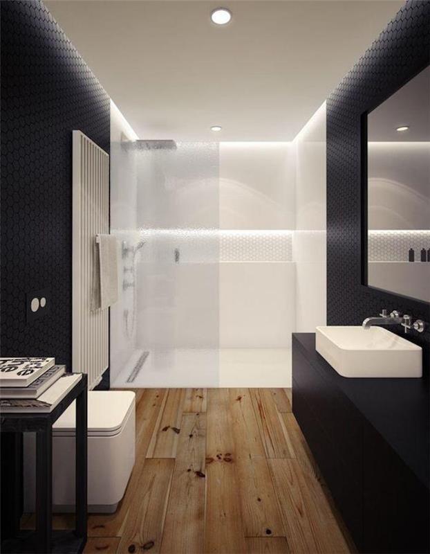 koyu duvarlar, beyaz İtalyan duş ve parke zemin, modern kare tuvaletler ile tasarım banyo