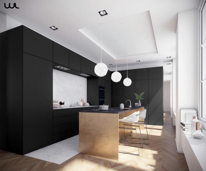 ahşap desenli siyah beyaz mutfak dekorasyonu, mat siyah ve ahşap orta adalı uzun mutfak tasarımı