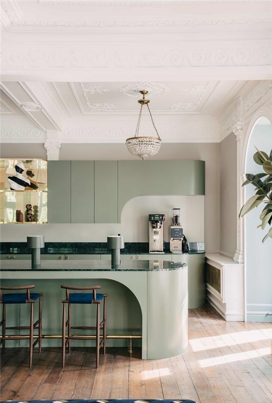 mutfak trendi 2020 modern stil, açık gri duvarlar, kulpsuz ve metal aksansız zeytin yeşili mobilyalar
