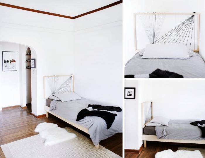 kendin yap ne orijinal bir başlık, ipli ahşap çerçeveli başlık modeli, beyaz yatak odasında minimalist dekor