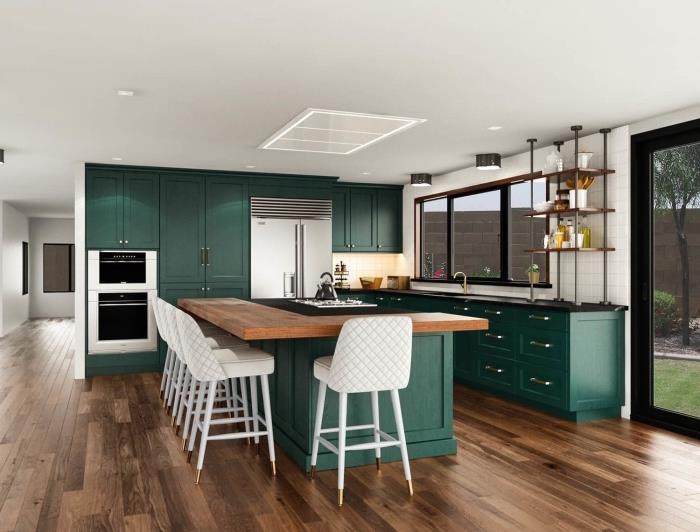 dopolnilna barvna zamisel o zeleni, sodobni odprti kuhinjski opremi s pohištvom v temno zeleni barvi