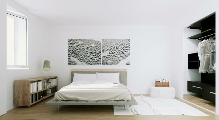 šviesaus parketo-skandinaviško miegamojo lentynos-ant modernių lovų grindų ir apsirengimo dizaino baltos spalvos dekoro